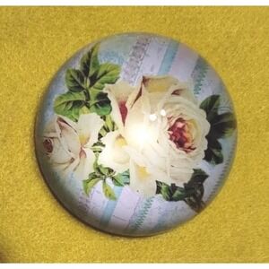 Vintage Paperweight Blue Striped Background Soft Yellow Florals 3 Inches EUC